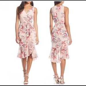 Ruched faux wrap chiffon floral dress